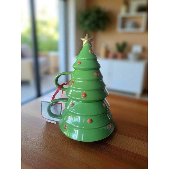 Hallmark Christmas Tree Stacking Mugs Set w Star Topper Lid Green Gold Holiday - Picture 1 of 6